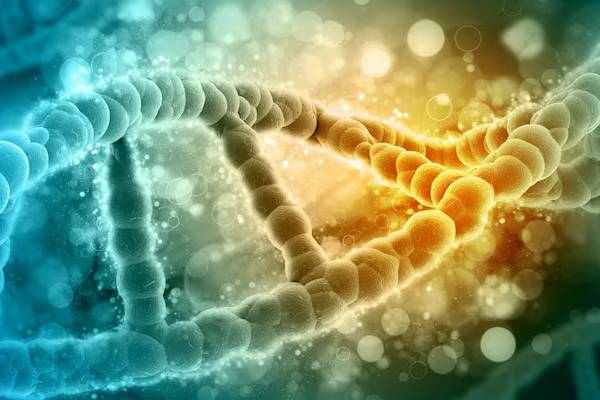 Illustrazione scientifica in 3D della struttura molecolare della proteina fratassina e del filamento di DNA con espansione della tripletta GAA.