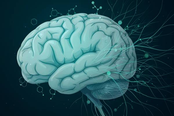 Illustrazione simbolica della ricerca medica neurodegenerativa con un modello di cervello umano e filamenti molecolari