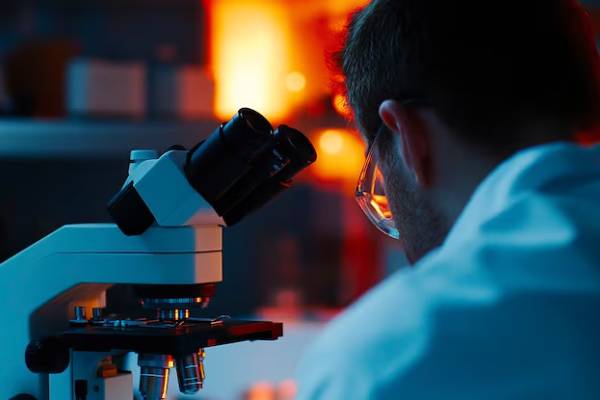 Ricercatore che analizza campioni di DNA al microscopio per lo studio di patologie rare