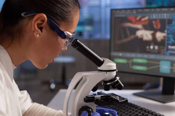 Ricercatore medico al microscopio che analizza campioni di tessuto in un laboratorio di biologia molecolare