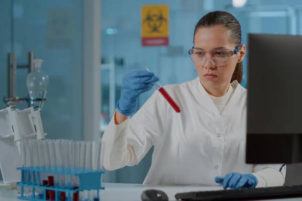 Ricercatore di laboratorio che effettua analisi biochimiche sui biomarcatori ematici per malattie rare