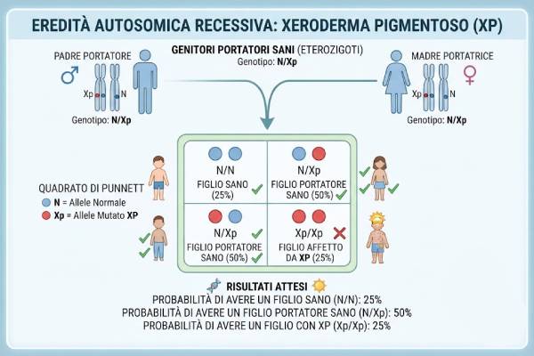 Diagramma genetico che spiega come viene ereditata la mutazione dello xeroderma pigmentoso dai genitori vettori