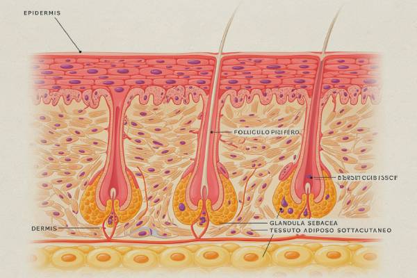 Vista microscopica della struttura cutanea e dei follicoli piliferi affetti da ipertrofia