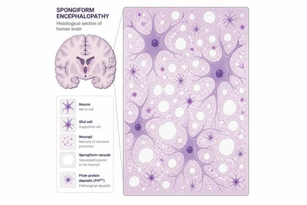 Micrografia stilizzata di tessuto cerebrale con aspetto spugnoso caratteristico dell'encefalopatia prionale