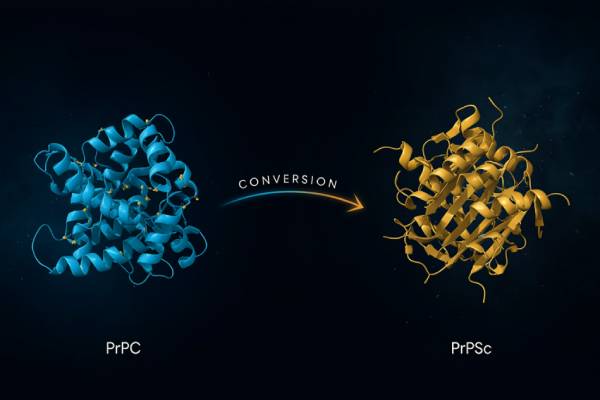Rappresentazione tridimensionale della trasformazione della proteina prionica normale in forma patogena PrPSc