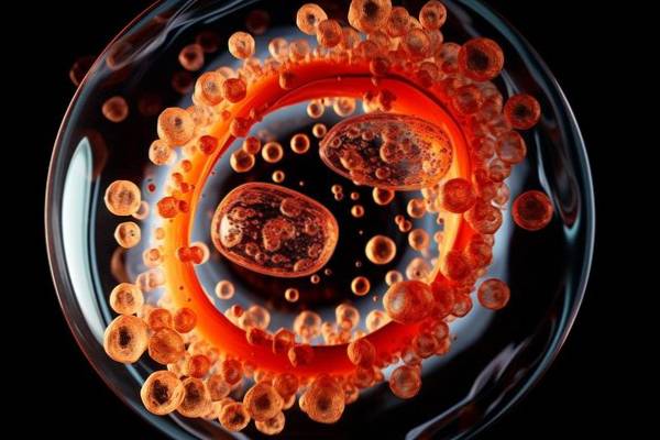 Illustrazione medica dettagliata di una cellula con accumulo lisosomiale di sfingomielina e colesterolo