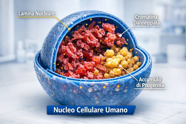 Illustrazione medica 3D del nucleo cellulare affetto da accumulo di progerina nella sindrome di Hutchinson-Gilford