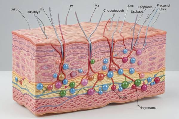 Illustrazione scientifica in 3D dei livelli della pelle con dettaglio sulla giunzione tra epidermide e derma