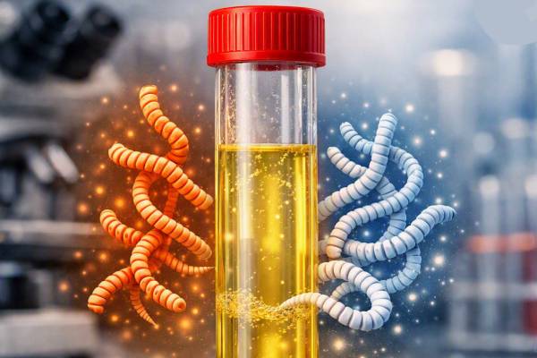 Provetta da laboratorio per analisi medica con rappresentazione molecolare del test RT-QuIC.