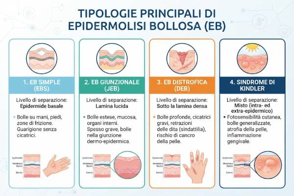 Infografica esplicativa sulla classificazione clinica dei quattro tipi di epidermolisi bollosa