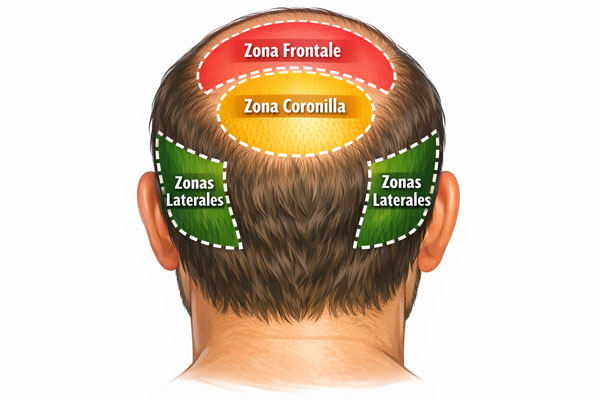 illustrazione di un cuoio capelluto con aree differenziate per il trapianto di capelli