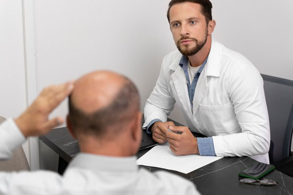 uomo calvo con le spalle girate che visita un medico