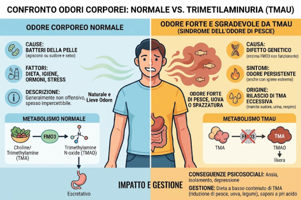 Infografica che differenzia il normale odore corporeo dalla trimetilaminuria