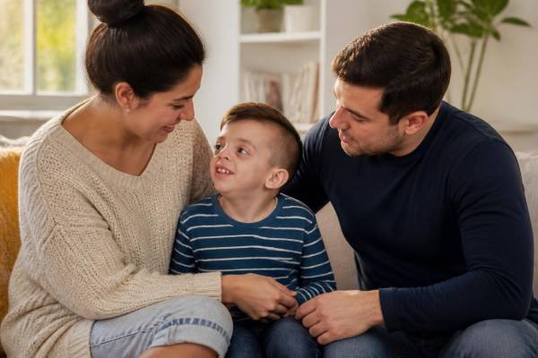 Famiglia che supporta un bambino con sindrome di Apert