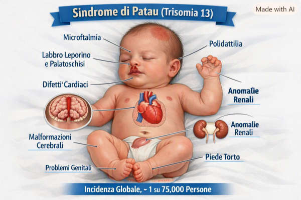 Neonato con caratteristiche fisiche comuni nella sindrome di Patau, come occhi piccoli e malformazioni facciali