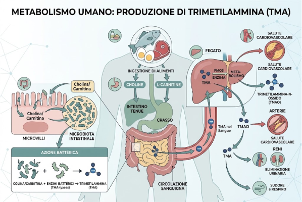 Semplice illustrazione del processo metabolico che produce trimetilammina