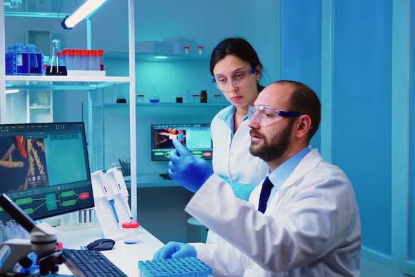 Scienziati in un laboratorio che lavorano su terapie