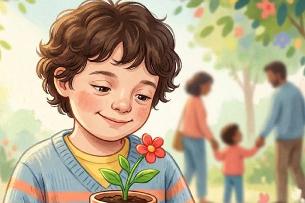 Bambino con sindrome di Moebius che sorride, simbolo di speranza e coraggio