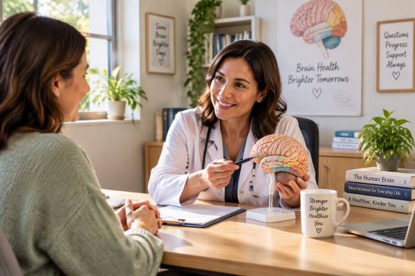 Un paziente parla in modo rilassato con una dottoressa neurologa in uno studio medico accogliente
