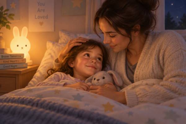 Bambino a letto rassicurato dai genitori mentre osserva i suoi giocattoli in una stanza illuminata soffusamente