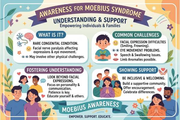 Infografica di sensibilizzazione sulla sindrome di Moebius con messaggi di empatia e supporto