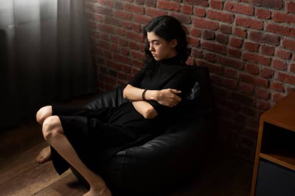 Persona che appare pensierosa e triste, con un alone di malinconia