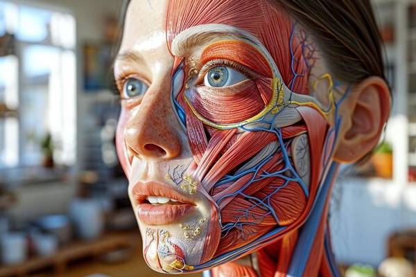 Immagine anatomica del volto umano che mostra nervi e muscoli facciali