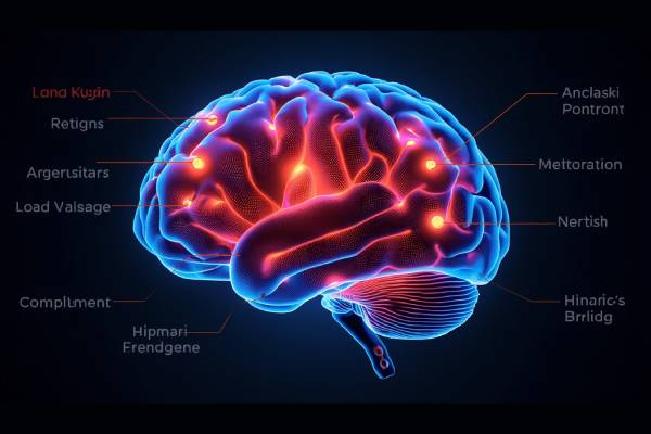 Rappresentazione artistica di un cervello umano con aree evidenziate