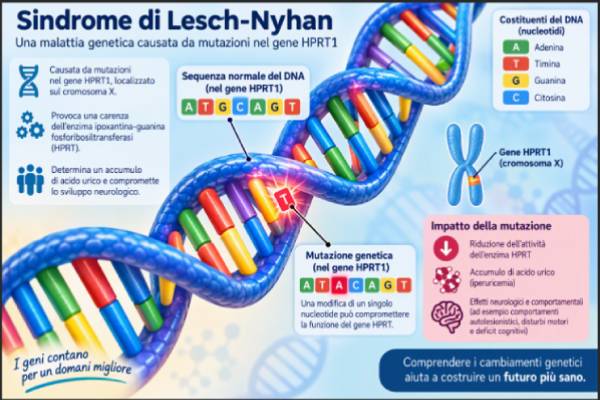 Diagramma schematico del gene HPRT1 con evidenziazione delle mutazioni associate alla sindrome di Lesch-Nyhan