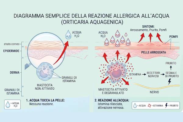 Schema illustrativo della reazione cutanea alla presenza di acqua in orticaria acquagenica