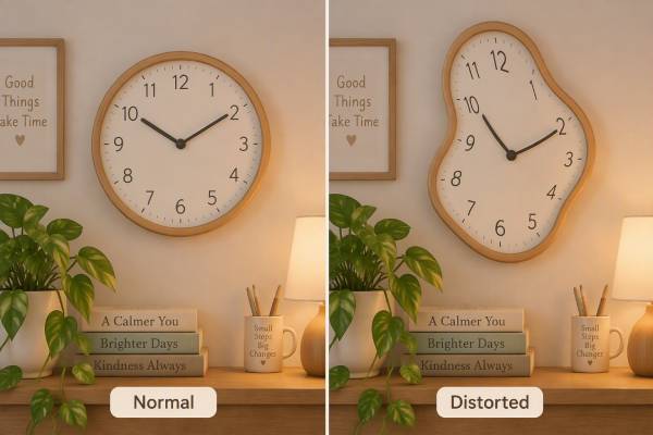 Confronto visivo affiancato tra la percezione normale di un orologio da parete e la sua versione distorta con forme allungate
